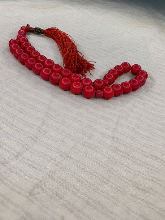 Authentic Red Murjan Tasbeeh - 33 Natural Coral Beads (8mm) - Classic Islamic Prayer Beads