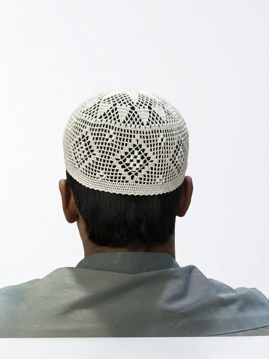 Handmade White Crocheted Prayer Cap Intricate Geometric Kufi Premium White Net Topi