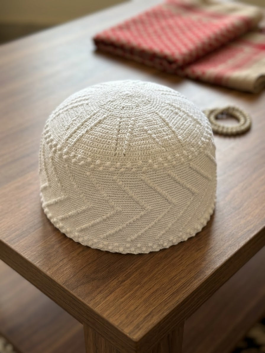 Hand-Knitted White Cotton Prayer Cap – Breathable Summer Kufi for Men