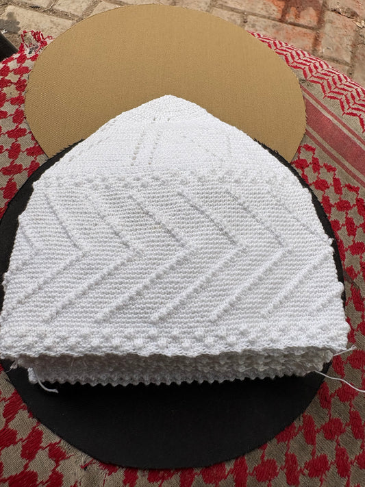 Hand-Knitted White Cotton Prayer Cap – Breathable Summer Kufi for Men