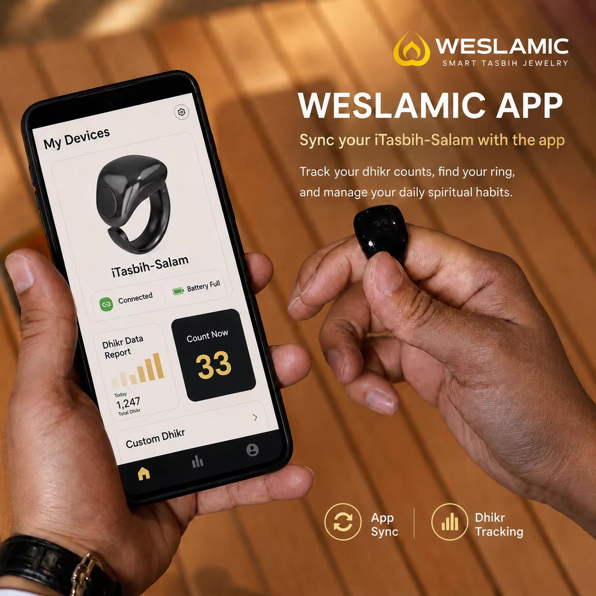 Weslamic iTasbih Salam+ Smart Zikr Ring | IP67 Waterproof | 3-in-1 Adjustable Sizes