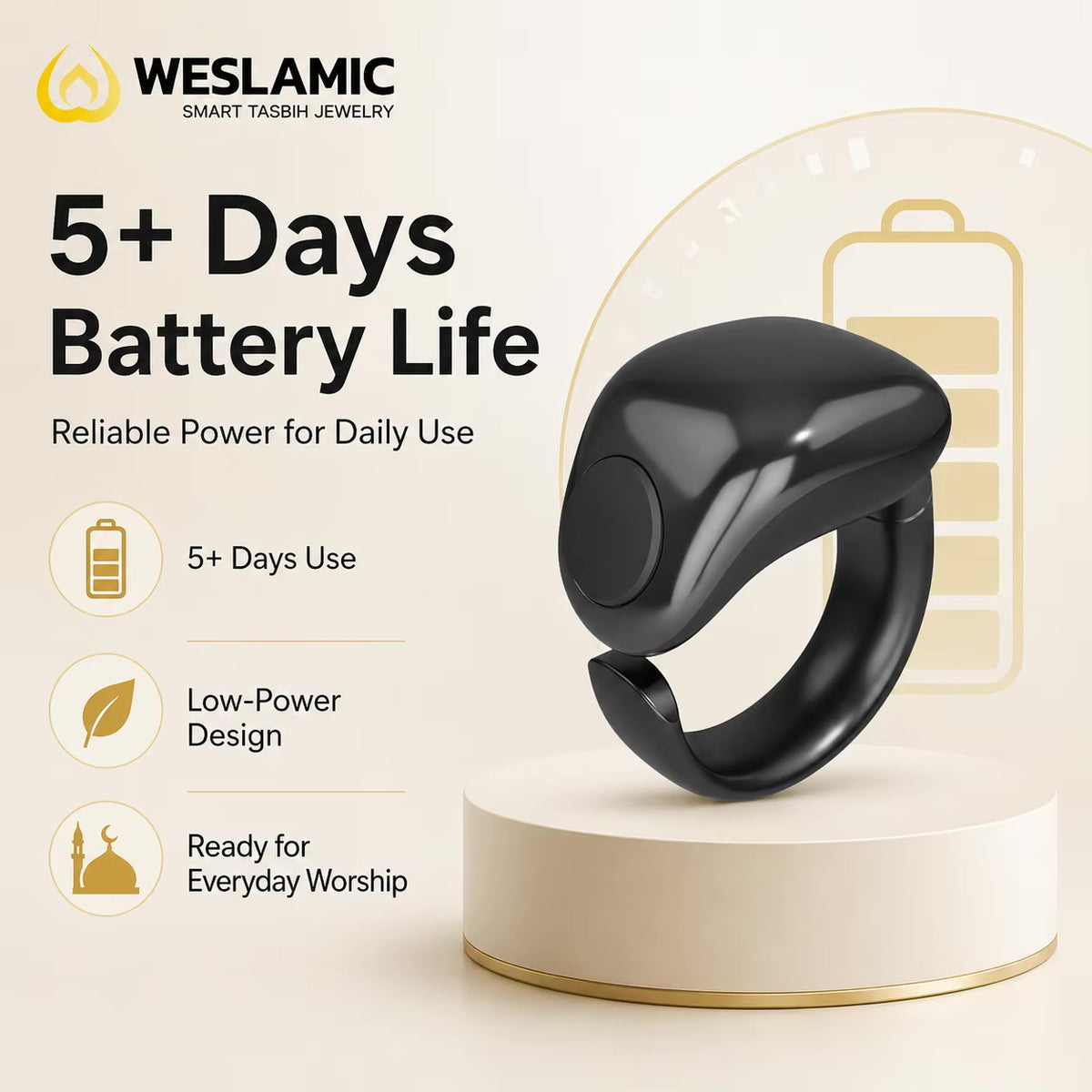 Weslamic iTasbih Salam+ Smart Zikr Ring | IP67 Waterproof | 3-in-1 Adjustable Sizes