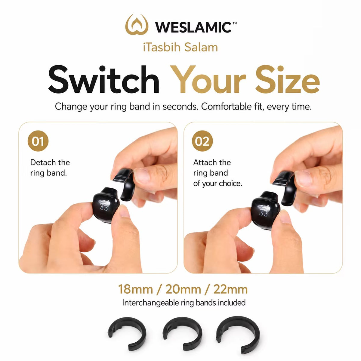 Weslamic iTasbih Salam+ Smart Zikr Ring | IP67 Waterproof | 3-in-1 Adjustable Sizes