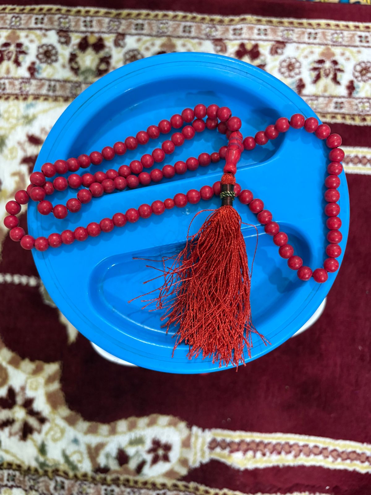 Royal Red Marjan Tasbeeh - 100 Natural Coral Beads (8mm) - Full Length Premium Prayer Beads