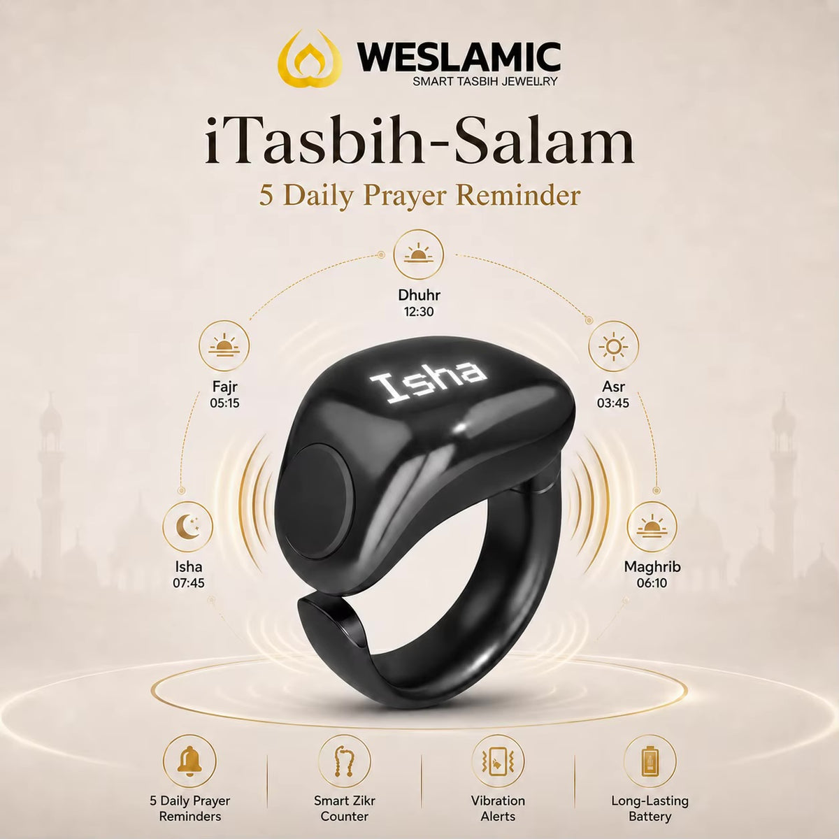 Weslamic iTasbih Salam+ Smart Zikr Ring | IP67 Waterproof | 3-in-1 Adjustable Sizes