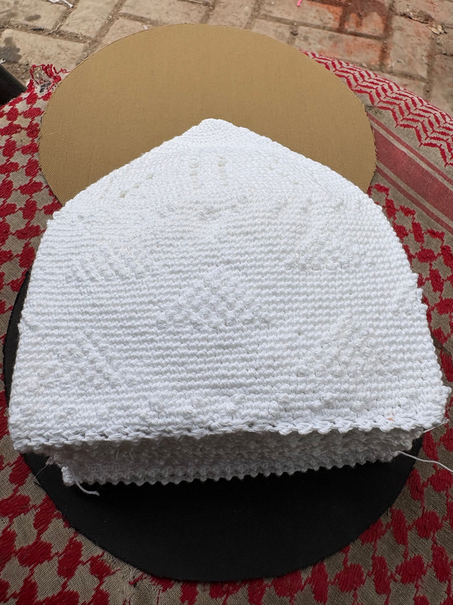Hand-Knitted White Cotton Prayer Cap – Breathable Summer Kufi for Men