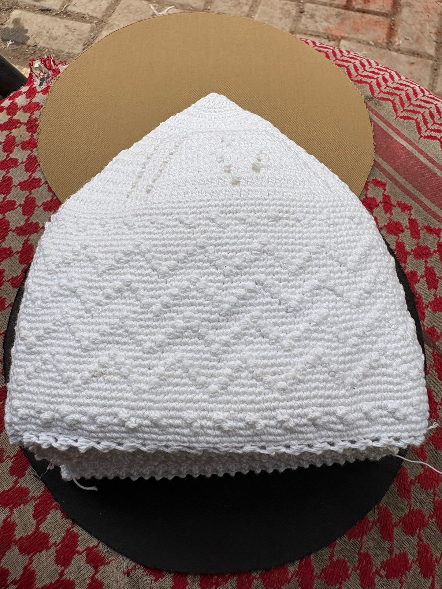 Hand-Knitted White Cotton Prayer Cap – Breathable Summer Kufi for Men