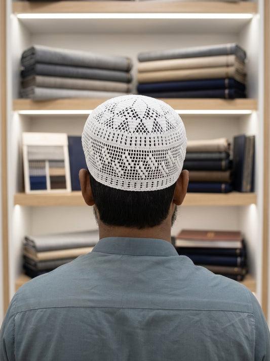 Handmade White Crocheted Prayer Cap  Intricate Geometric Kufi  Premium White Net Topi