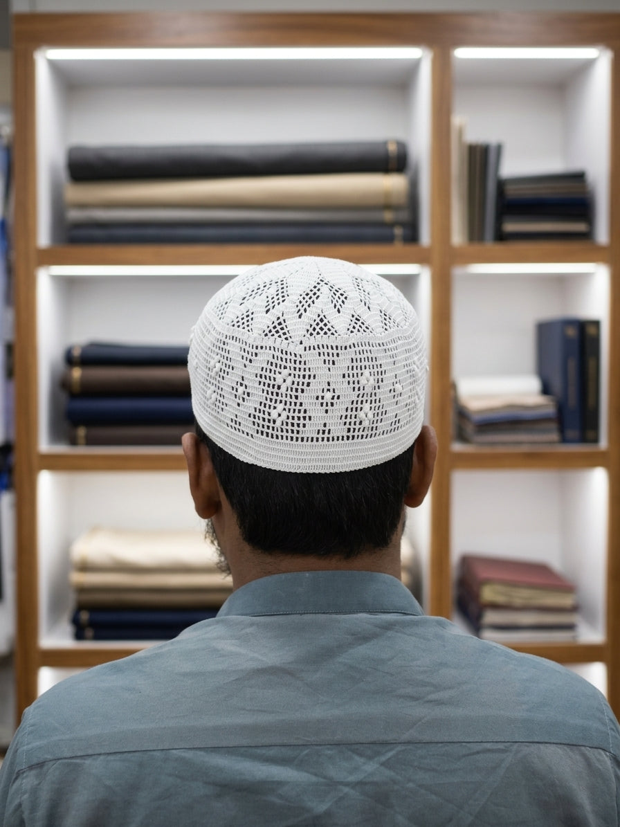 Handmade White Crocheted Prayer Cap  Intricate Geometric Kufi  Premium White Net Topi