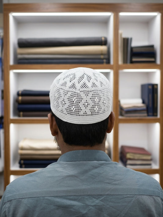 Handmade White Crocheted Prayer Cap  Intricate Geometric Kufi  Premium White Net Topi