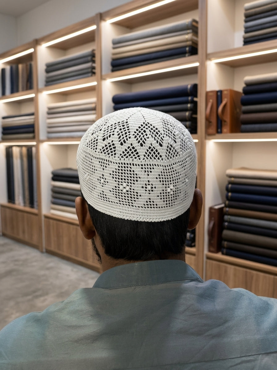 Handmade White Crocheted Prayer Cap  Intricate Geometric Kufi  Premium White Net Topi
