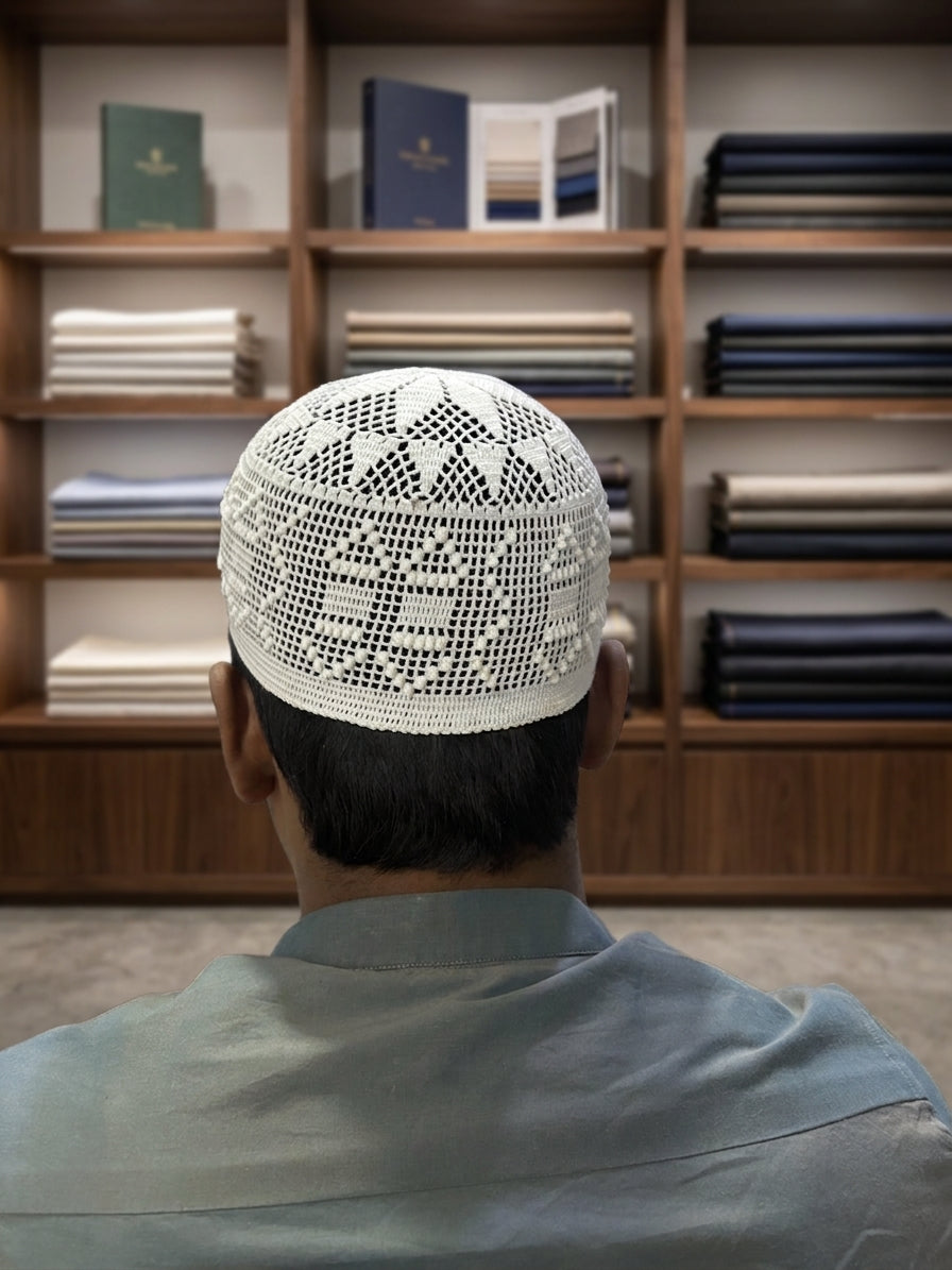 Handmade White Crocheted Prayer Cap  Intricate Geometric Kufi  Premium White Net Topi