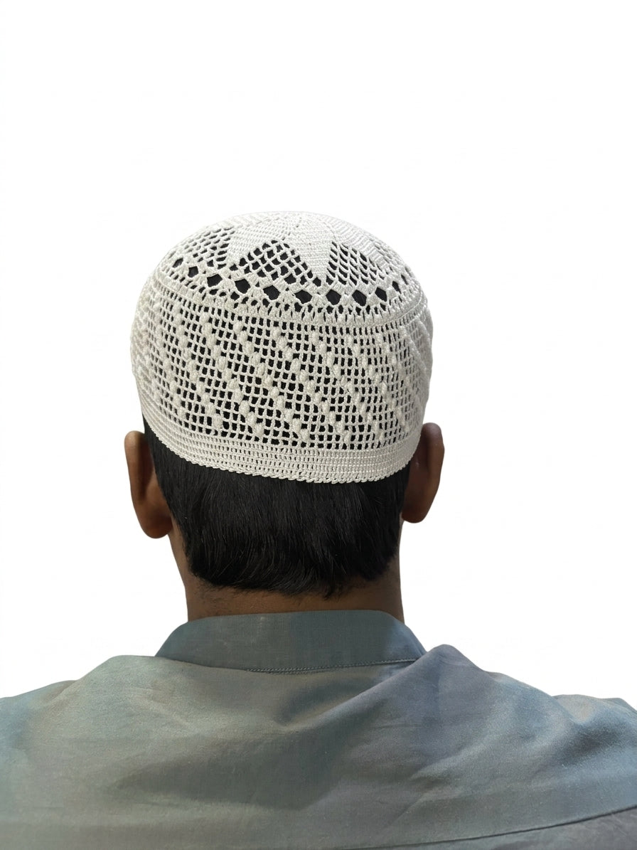 Handmade White Crocheted Prayer Cap  Intricate Geometric Kufi  Premium White Net Topi