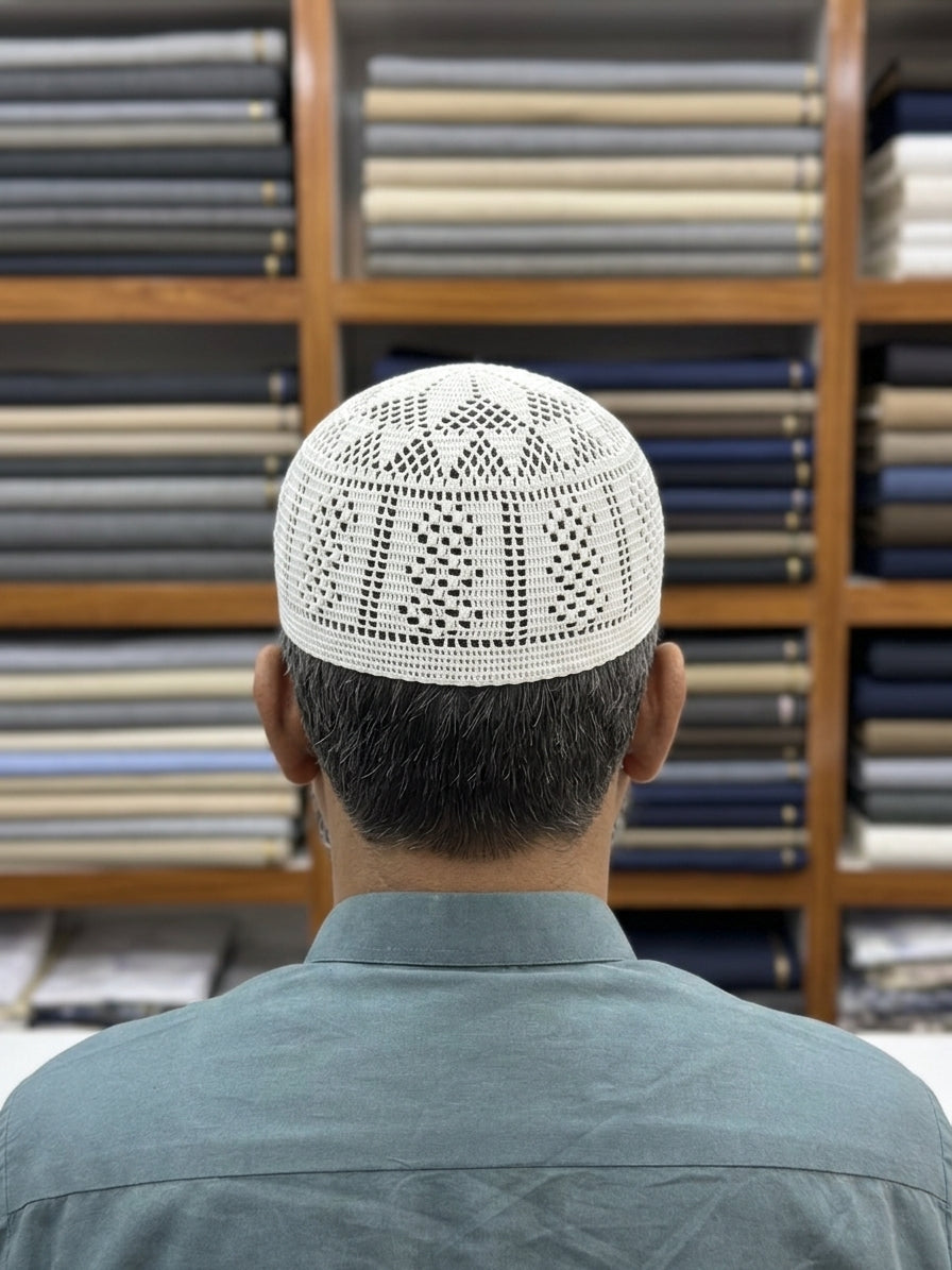 Handmade White Crocheted Prayer Cap  Intricate Geometric Kufi  Premium White Net Topi
