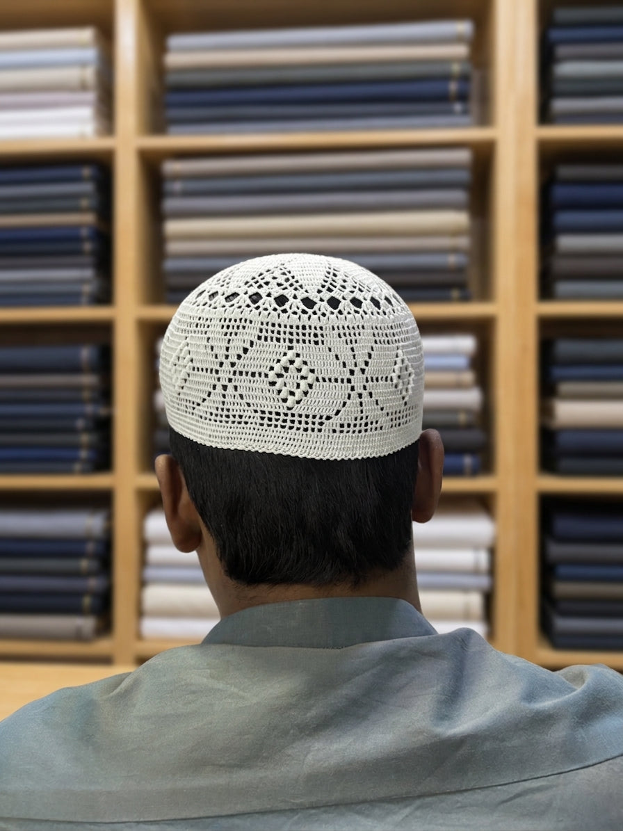 Handmade White Crocheted Prayer Cap  Intricate Geometric Kufi  Premium White Net Topi