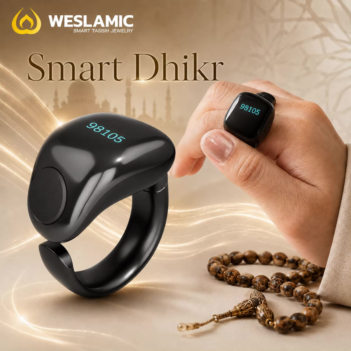 Weslamic iTasbih Salam+ Smart Zikr Ring | IP67 Waterproof | 3-in-1 Adjustable Sizes
