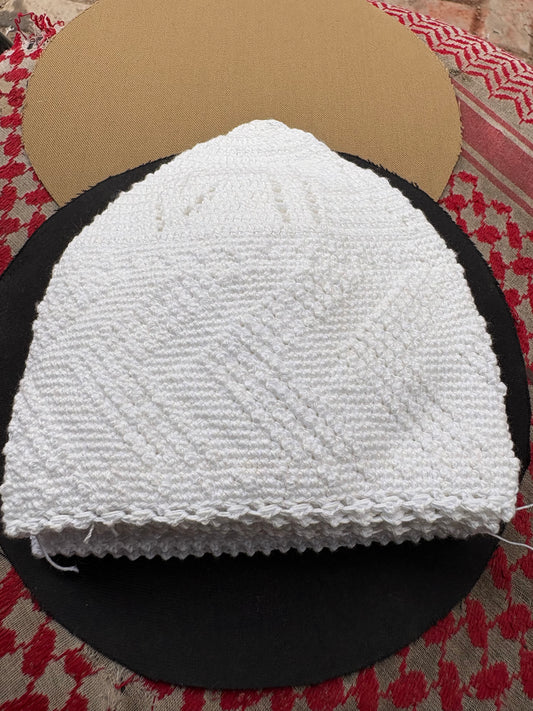 Hand-Knitted White Cotton Prayer Cap – Breathable Summer Kufi for Men