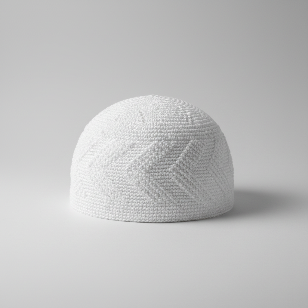 Hand-Knitted White Cotton Prayer Cap – Breathable Summer Kufi for Men