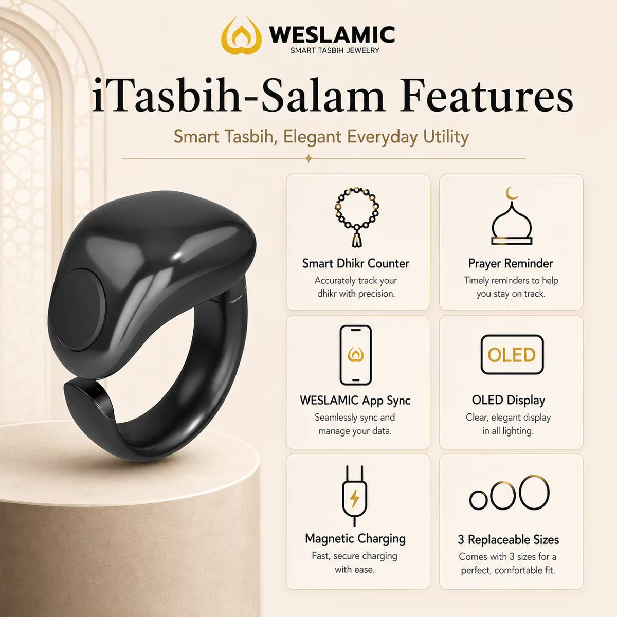 Weslamic iTasbih Salam+ Smart Zikr Ring | IP67 Waterproof | 3-in-1 Adjustable Sizes