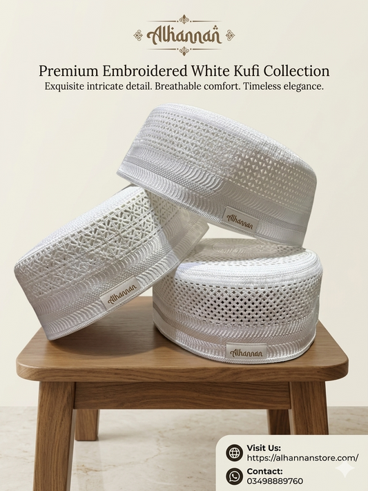 Premium Embroidered White Kufi Cap