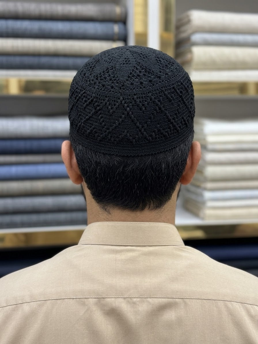 Premium Handcrafted Black Prayer Cap (Namaz Kufi Topi)