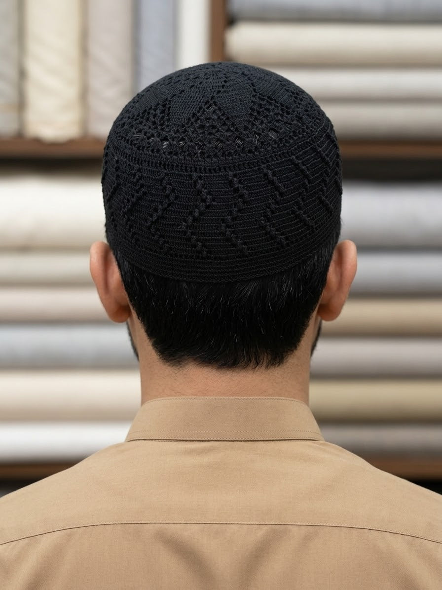 Premium Handcrafted Black Prayer Cap (Namaz Kufi Topi)